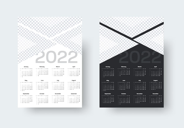Wall calendar template for 2022 with week numbering, with triangular inserts for a photo on a white, black background.Vector illustration, planner for 12 months. Office page design.Layout for printing