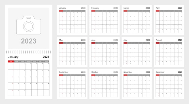 Wall calendar template for 2023 year Holiday and event planner week starts on Sunday