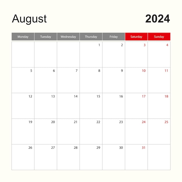 Vettore il modello di calendario a parete per agosto 2024 la settimana di pianificazione delle vacanze e degli eventi inizia lunedì