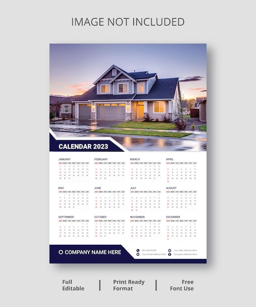 Wall Calendar Template Design, 1 Page Wall Calendar 2023