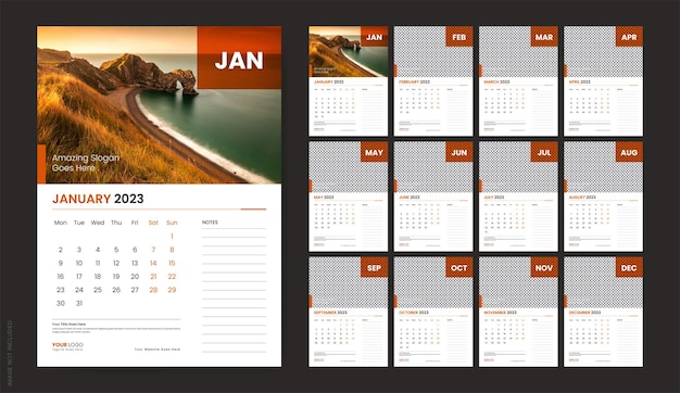 Wall Calendar Template Design for 2023 year, Monthly Creative Calendar Layout Vector illustration