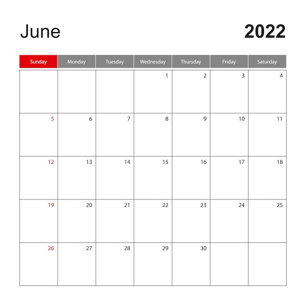 2022年6月の壁掛けカレンダーテンプレート。休日およびイベントプランナー、週は日曜日に始まります。