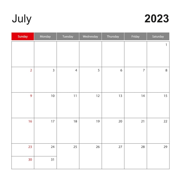 Vector wall calendar template for july 2023 holiday and event planner week starts on sunday