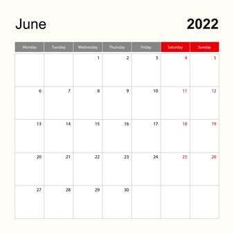 Modello di calendario da parete per giugno 2022. pianificatore di eventi e vacanze, la settimana inizia il lunedì.