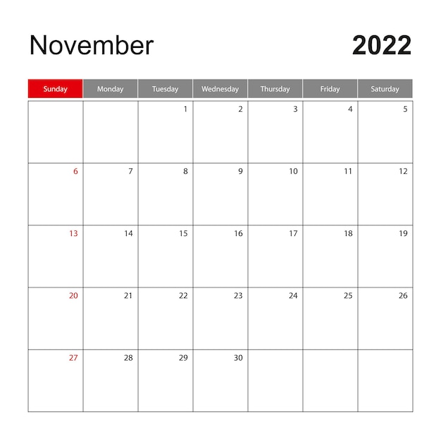 Vector wall calendar template for november 2022. holiday and event planner, week starts on sunday.