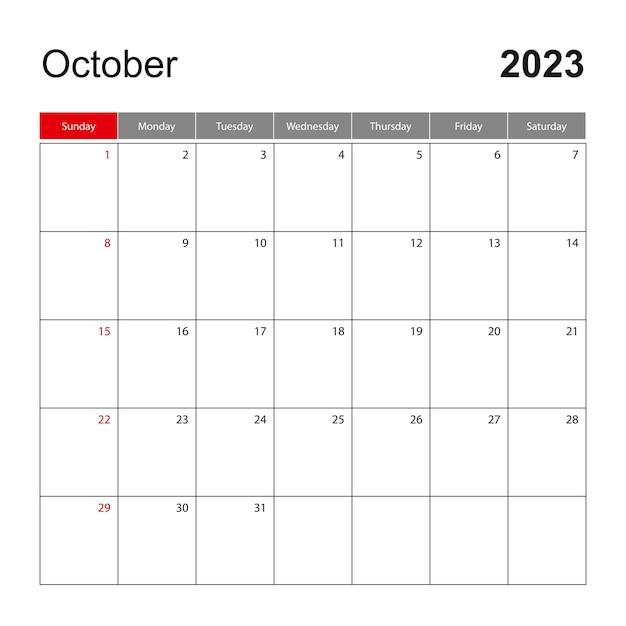 Vettore modello di calendario da parete per ottobre 2023 la settimana dell'organizzatore di vacanze ed eventi inizia domenica