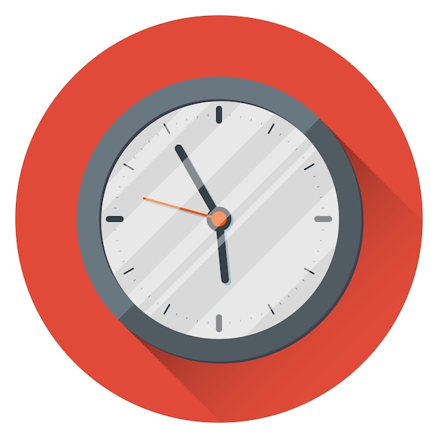 Wall Clock. 17:55. Five minutes to six. The end of the working day. On an orange background. Icon with highlights. Flat style. 10 eps