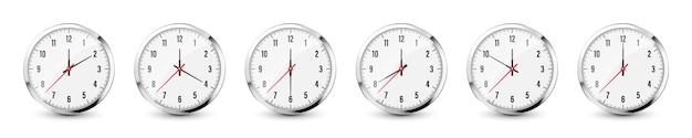 Wall clock stopwatch icons Shiny metal chronometer time counter with dial Countdown timer showing minutes and seconds Time measurement for sport start and finish Vector illustration