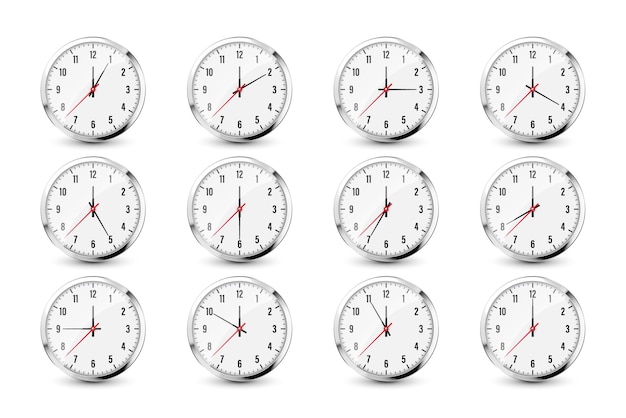 Wall clock stopwatch icons shiny metal chronometer time counter with dial countdown timer showing