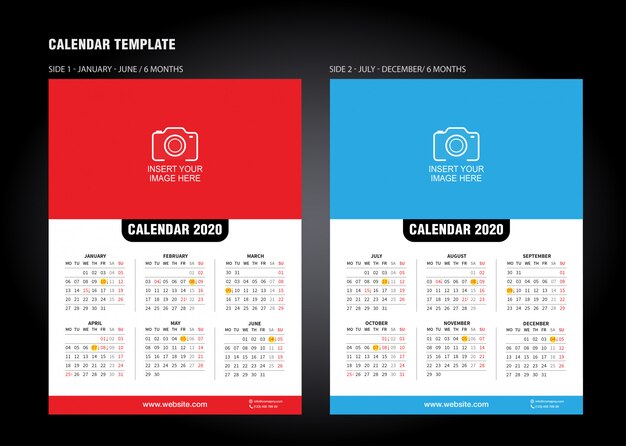 Modello di calendario da parete per l'anno 2020. modello di stampa disegno vettoriale