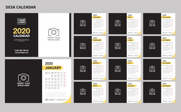 Wall Desk Calendar Template for 2020 Year. Vector Design Print Template