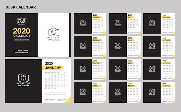 Wall desk calendar template for 2020 year. vector design print template