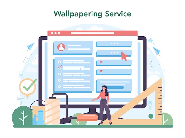 Wall papering online service or platform worker gluing wallpapers on the wall professional worker in the uniform repair house isolated vector illustration