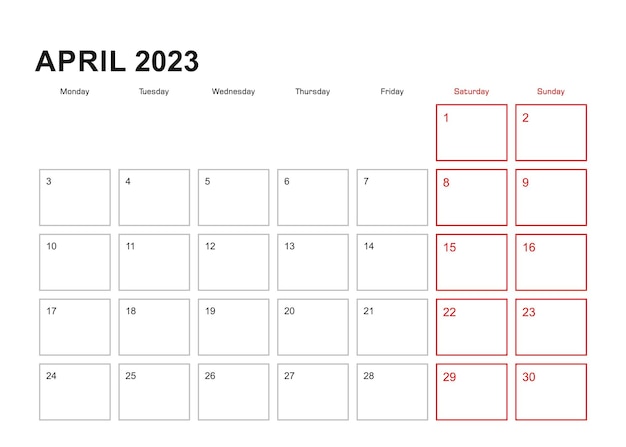 2023 年 4 月の英語週のウォール プランナーは月曜日に始まります