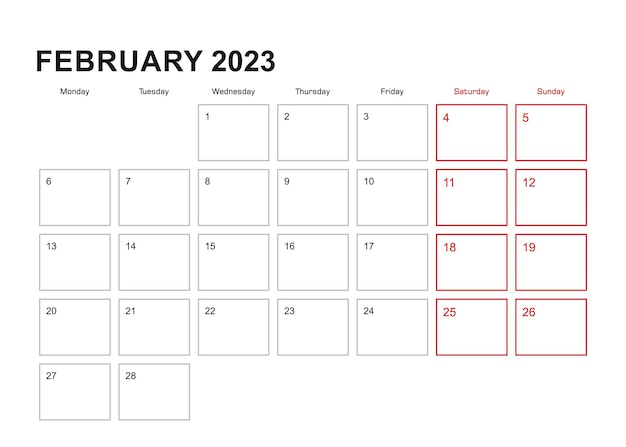 Настенный планировщик на февраль 2023 года в неделе английского языка начинается в понедельник