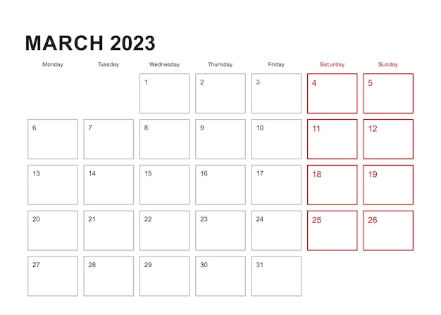 Настенный планировщик на март 2023 года в неделе английского языка начинается в понедельник