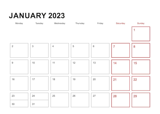 Wall planner for January 2023 in English language week starts in Monday