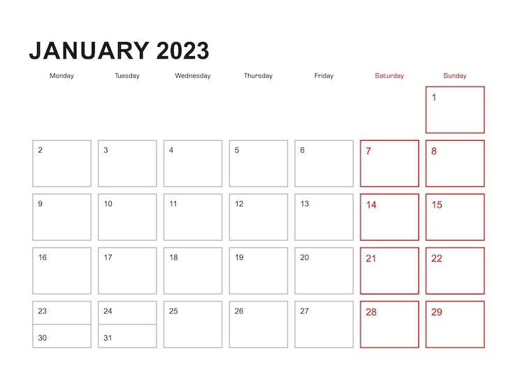 Vector wall planner for january 2023 in english language week starts in monday
