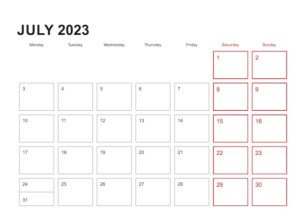 2023년 7월 영어 주간의 월 플래너는 월요일에 시작됩니다.