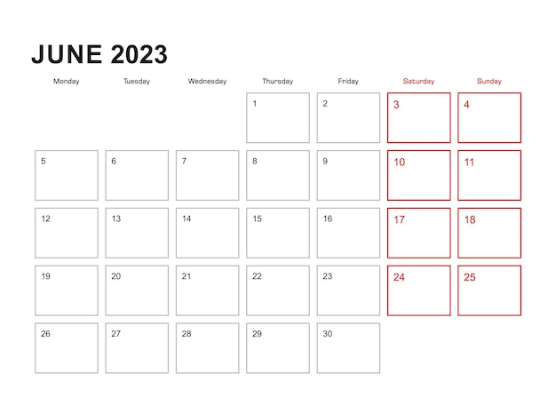 2023년 6월 영어 주간의 월 플래너가 월요일에 시작됩니다.