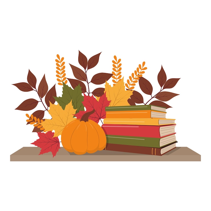 Vector wall shelf with stack of books and autumn leaves