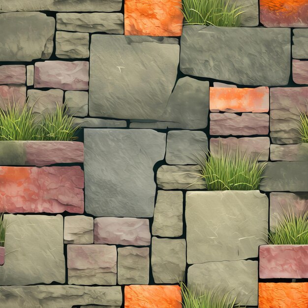 wall with red bricks green grass and moss 3d illustration wall with red bricks green grass a