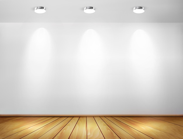 Vector wall with spotlights and wooden floor. showroom concept.    .