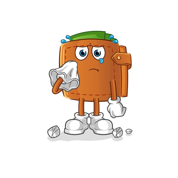 Wallet cry with a tissue. cartoon mascot vector