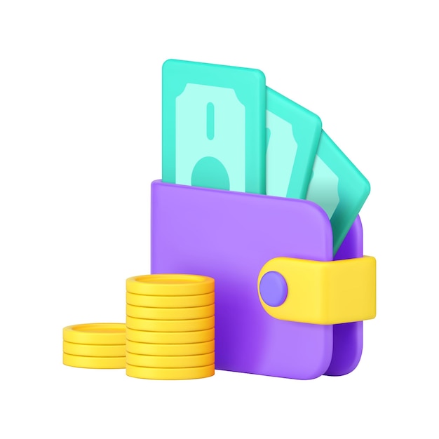 Vector wallet full of cash money dollar golden coin richness financial budget 3d icon realistic vector