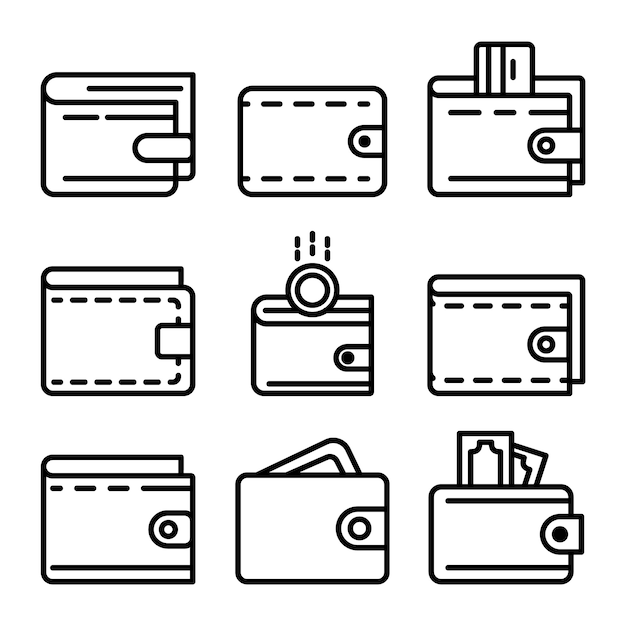 Wallet icons set, outline style