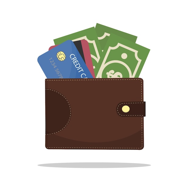 Wallet with banknotes and credit card Vector flat illustration