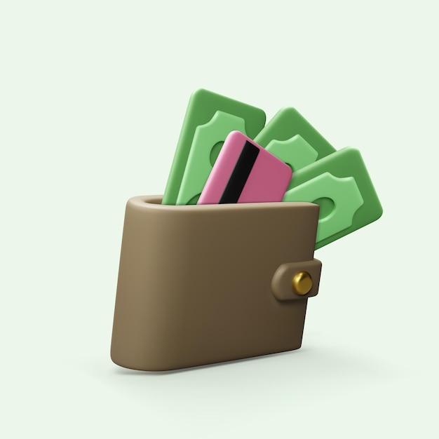 wallet with paper currency and credit card in realistic cartoon style. 3d purse with green dollars for banner or poster. vector illustration