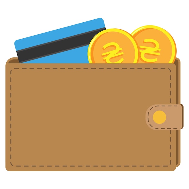 Wallet with Ukrainian hryvna coins and credit card Flat vector illustration