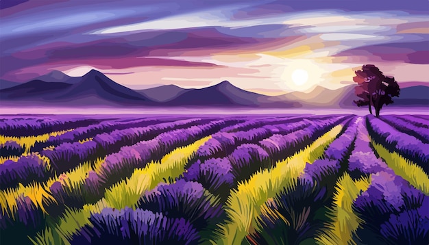 Vettore wallpaper bellissimo paesaggio di campo di lavanda sullo sfondo di montagne e cielo al tramonto vettoriale