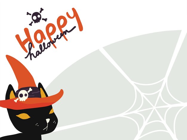 Vector wallpaper of a black cat wearing witch’s hat with “happy halloween” on spider web ba