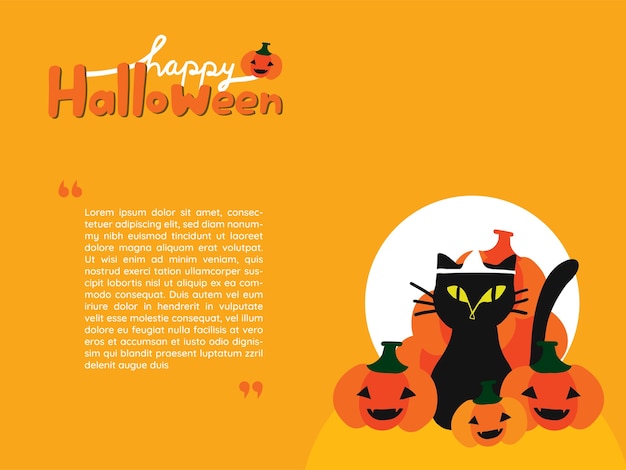 Vector wallpaper van zwarte kat omringd met jack-o-lantern pompoenen