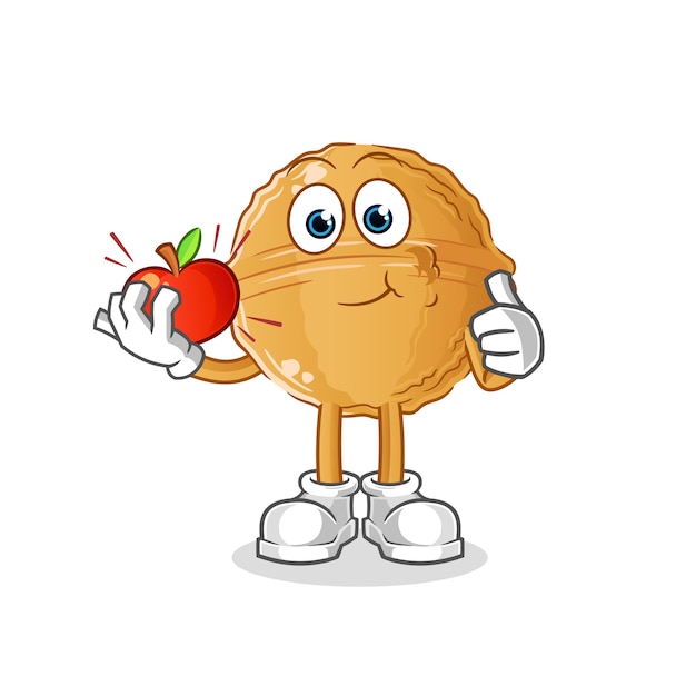 Walnut eating an apple illustration. character