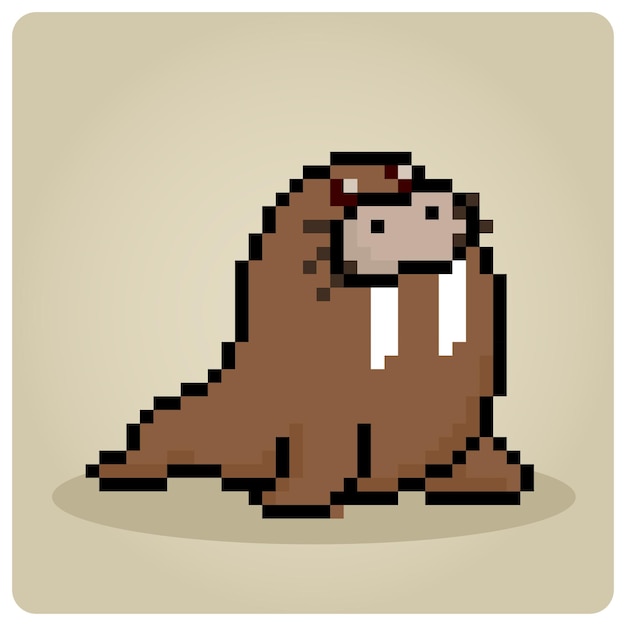 Walrus in 8 bit pixel art animal for game asset and cross stitch pattern in vector illustration