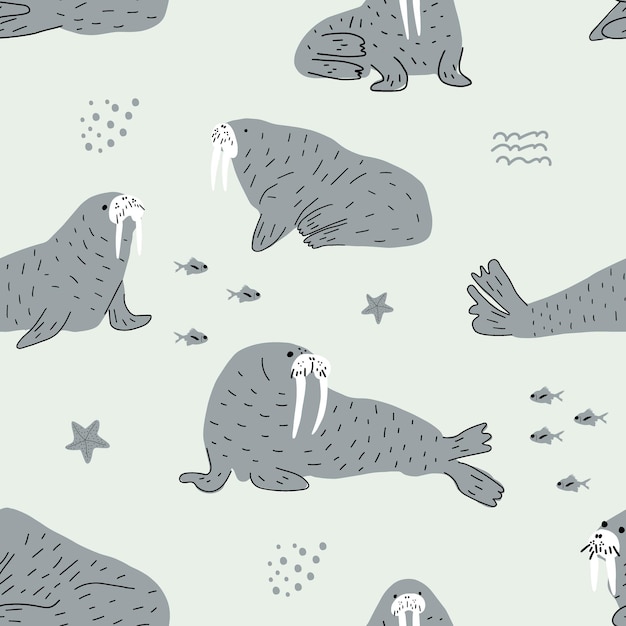 Vector walrus cute background with animals baby oceanic pattern for fabric textile wallpaper wrapping