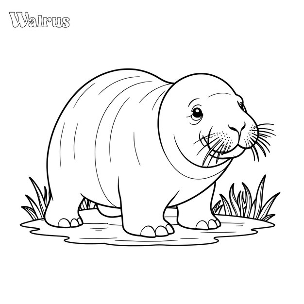 Walrus hand drawn coloring page and outline vector design