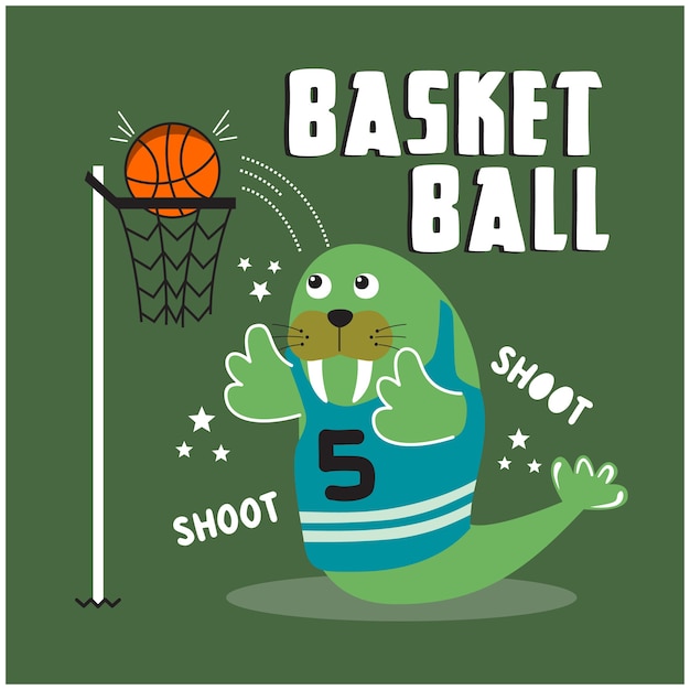 Walrus playing basketball funny animal cartoon illustration