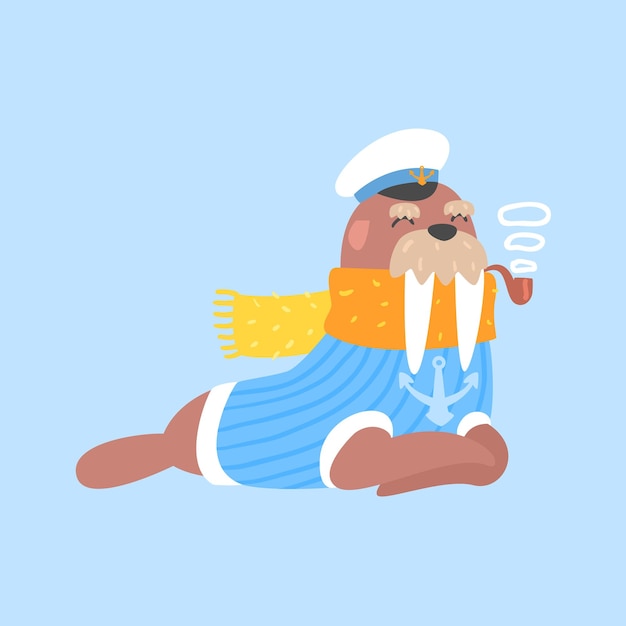 Walrus Rookpijp In Kapitein Outfit Arctic Animal Gekleed In Winter Menselijke Kleren Cartoon Character