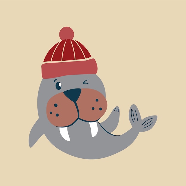 A walrus wearing a red hat and a red hat is pointing to the left.