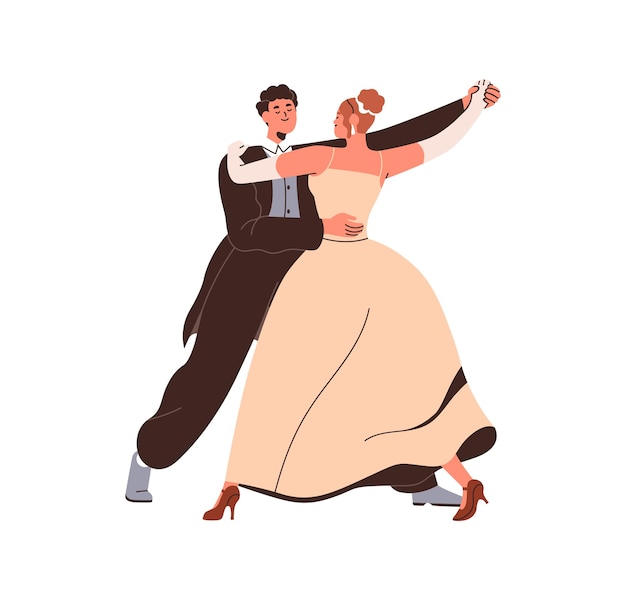 Waltz dancers partners Woman in dress and man in suit couple performing pair ballroom partner dance Classic choreography performance Flat graphic vector illustration isolated on white background