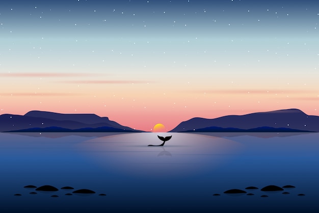 Vector walvis die met het landschap van de zonsondergangkust zwemt