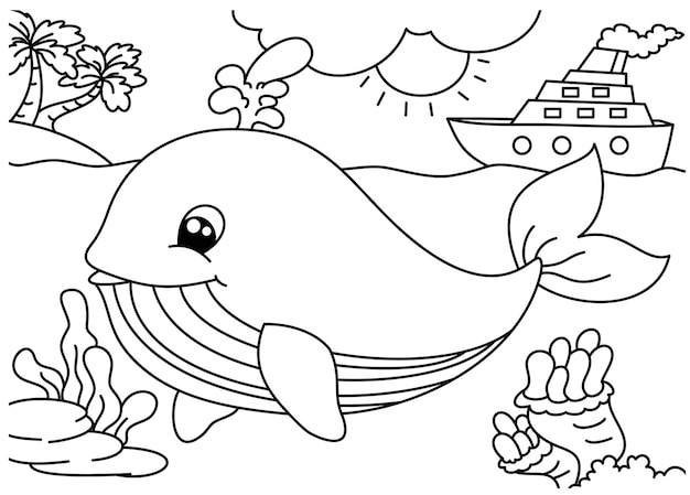 Vector walvis en schip cartoon schattige kleurplaat voor kinderen vector