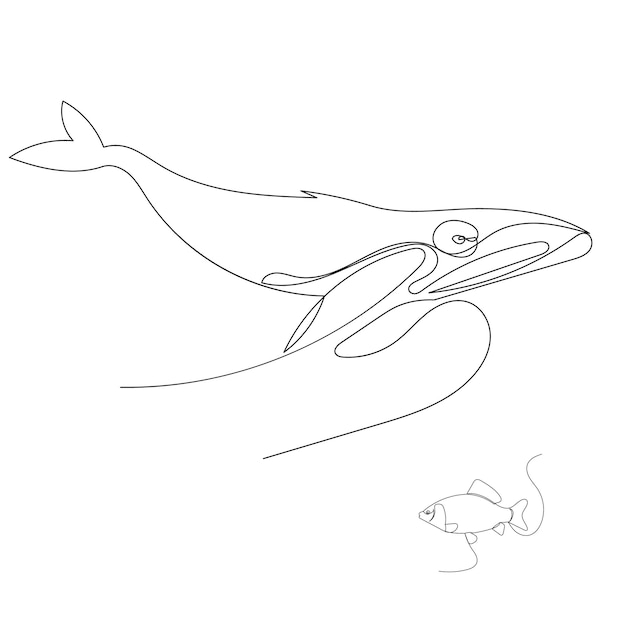 Walvis en vissen één lijntekening, op witte achtergrond, vector