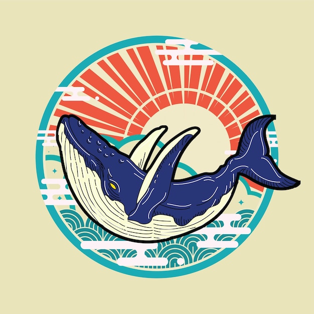 walvis illustratie ontwerp met retro Japanse stijl achtergrond