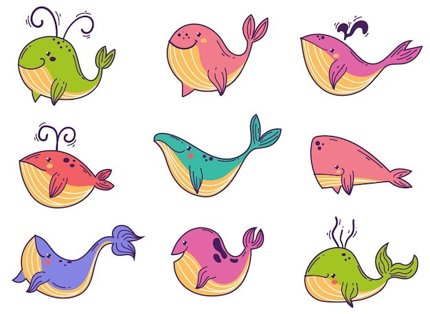 Walvis schattig dier zee karakter oceaan ontwerp element concept illustratie set