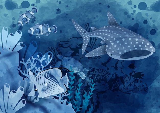 Vector walvishaai met de scène van onder oceaankoraalrifgebied in waterverfstijl op blauwe document patroonachtergrond kaart en poster van oceaan in blauwe monotone waterverfstijl en vectorontwerp